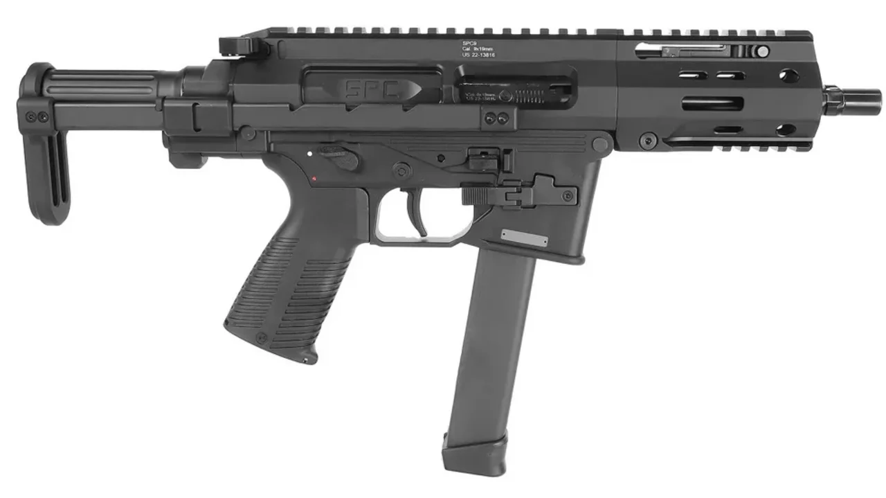 9mm large format pistol PDW showing AR-style controls, M-LOK handguard, and Glock magazine well