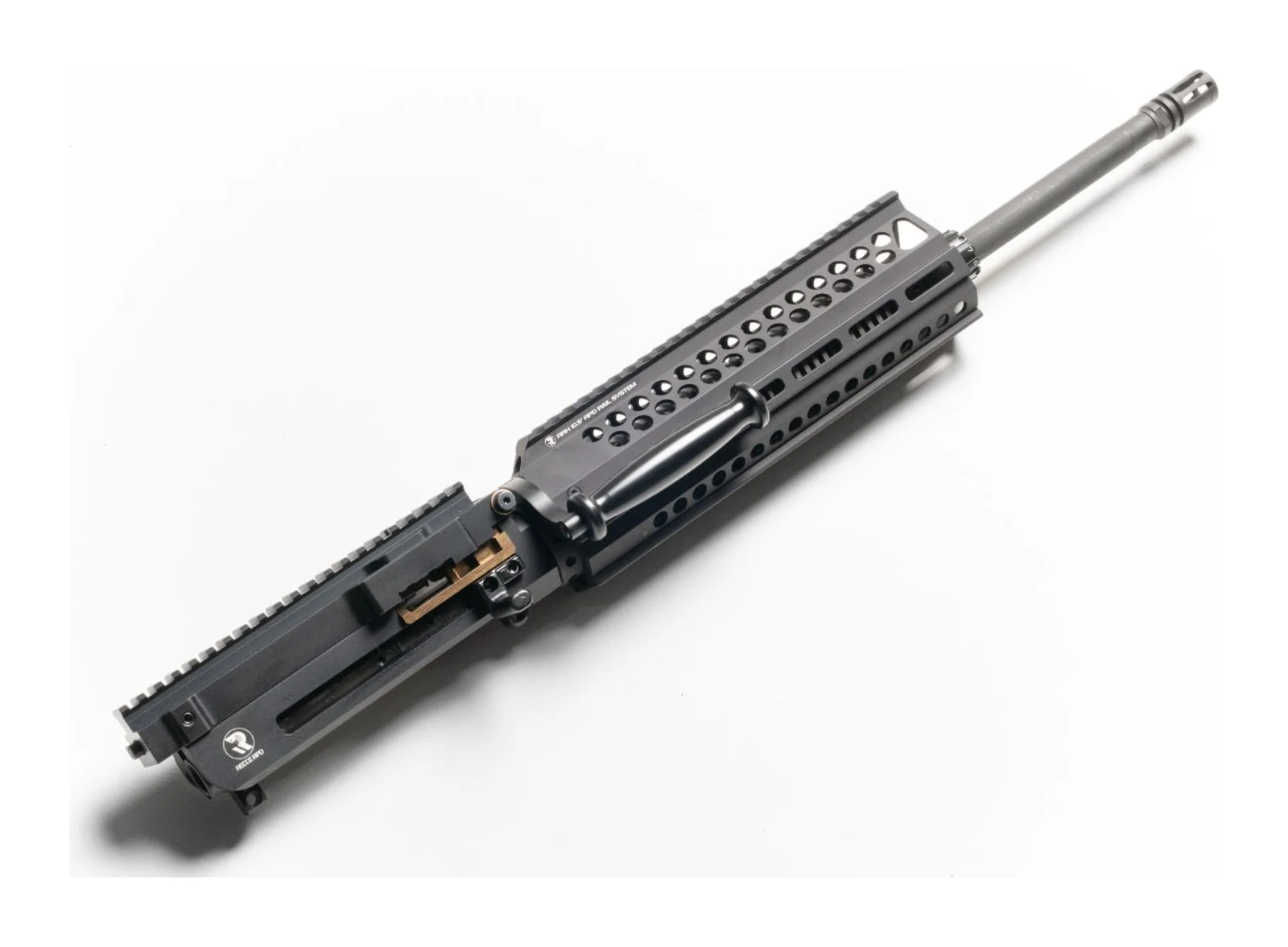 Red Right Hand RECCE RPD belt-fed upper receiver at three-quarter angle showing the Lima6 receiver, feed tray, carry handle, and RPD rail system