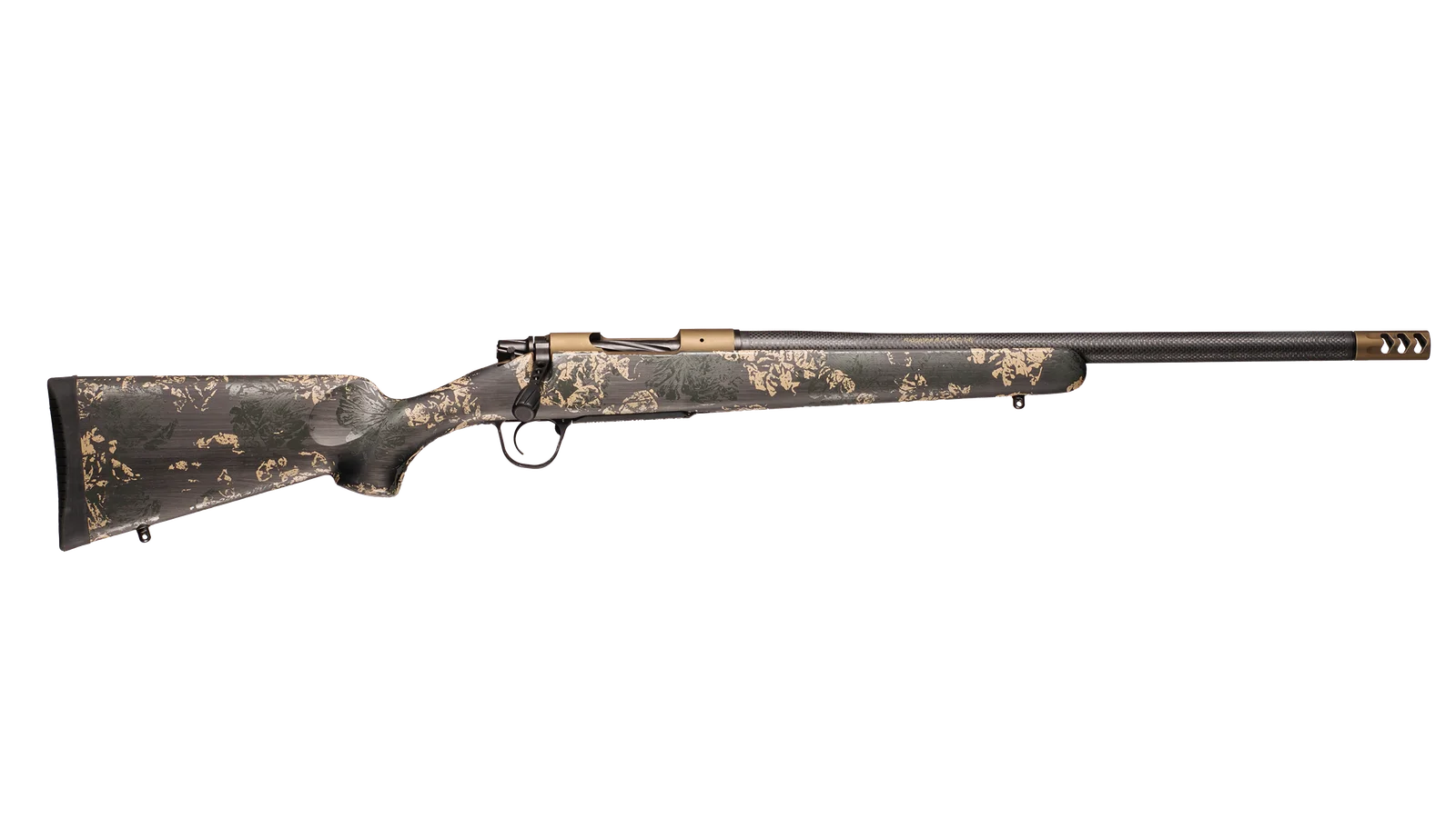 A Christensen Arms bolt-action rifle chambered in 7mm Backcountry with a carbon fiber barrel and camouflage stock