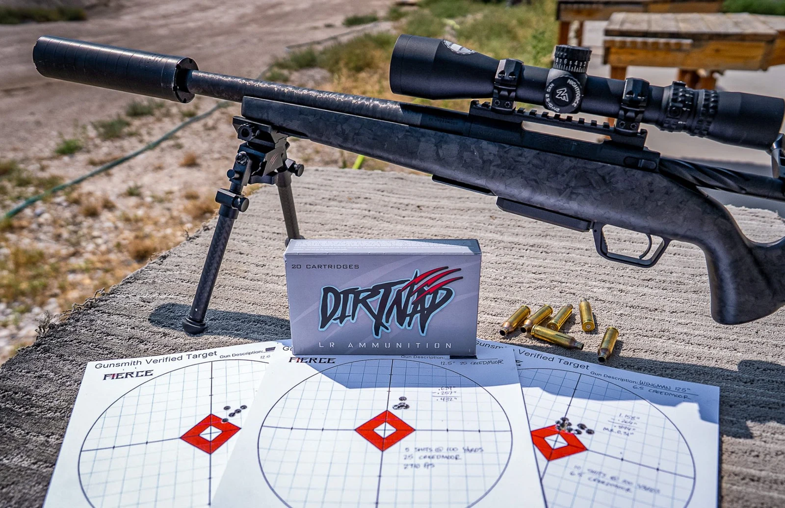 Suppressed Fierce Wingman SBR on a bipod at an outdoor range with a Nightforce scope, DirtNap ammunition, and fired Creedmoor brass