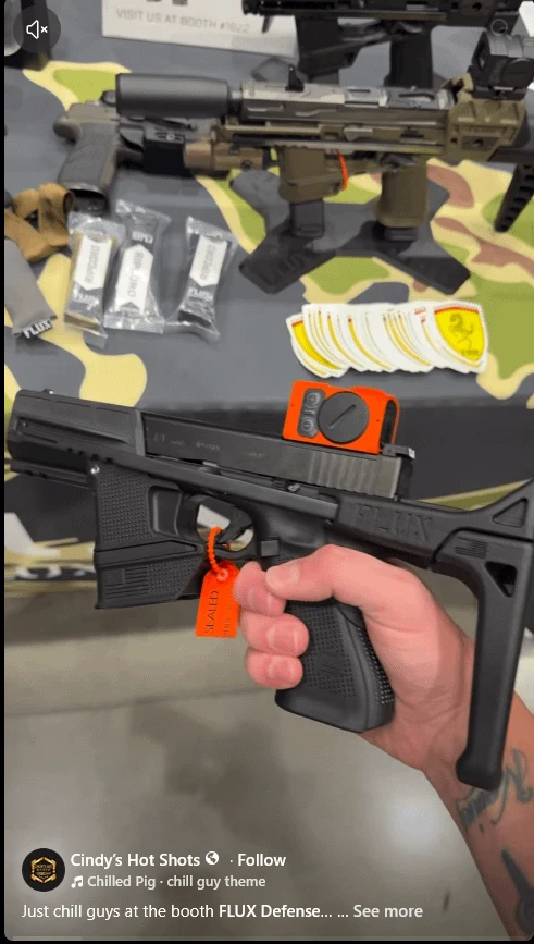Dealer-video screenshot showing a Glock pistol with a rear brace, slide-mounted red dot, and forward spare-magazine holder