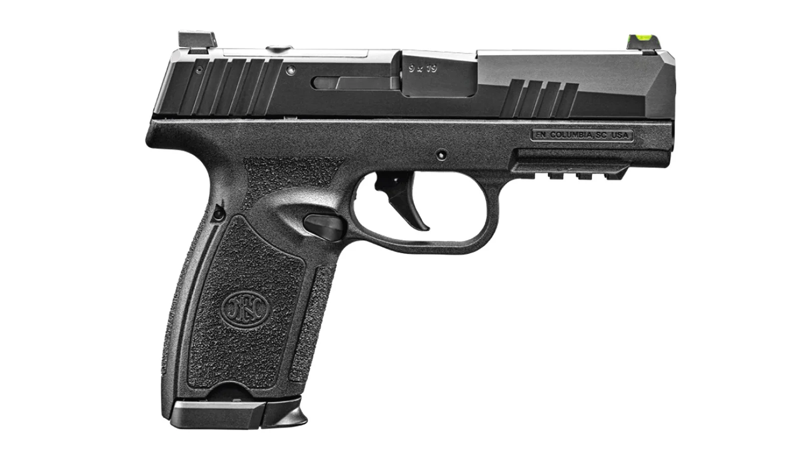 FN 309 MRD profile view showing the optics-ready slide, compact frame, and green fiber-optic front sight