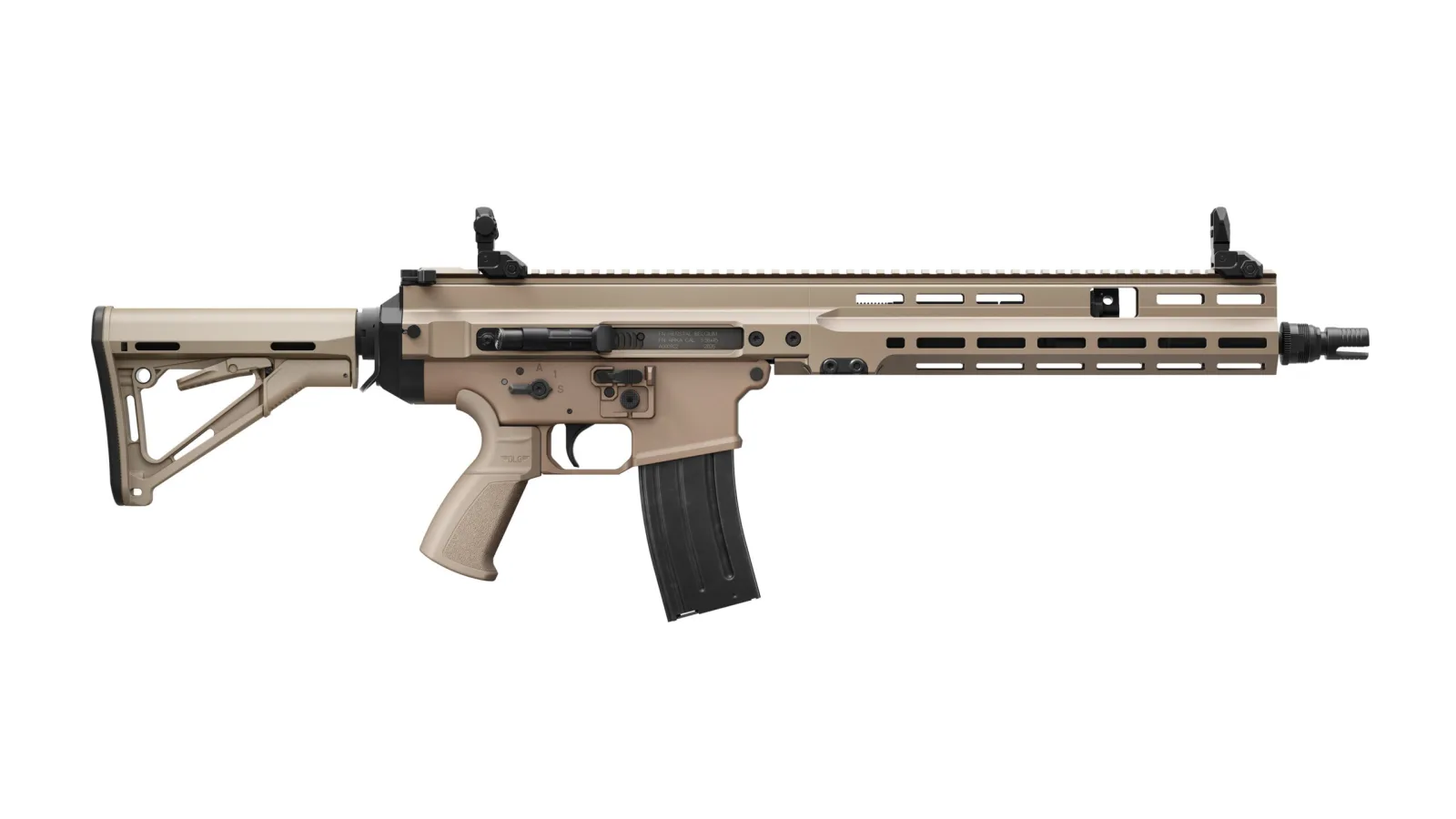 FN ARKA rifle in Flat Dark Earth showing the M-LOK handguard, AR-style controls, and collapsible stock