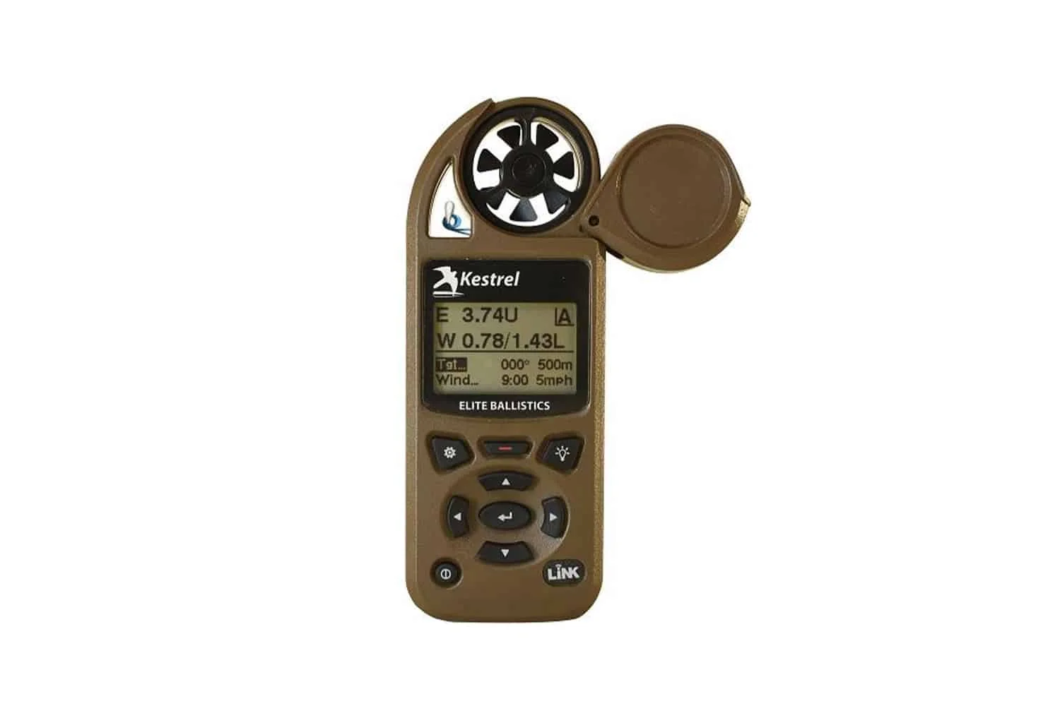 Kestrel 5700 Elite weather meter in tan with impeller cover open, screen showing an elevation and windage firing solution and ELITE BALLISTICS printed on the bezel