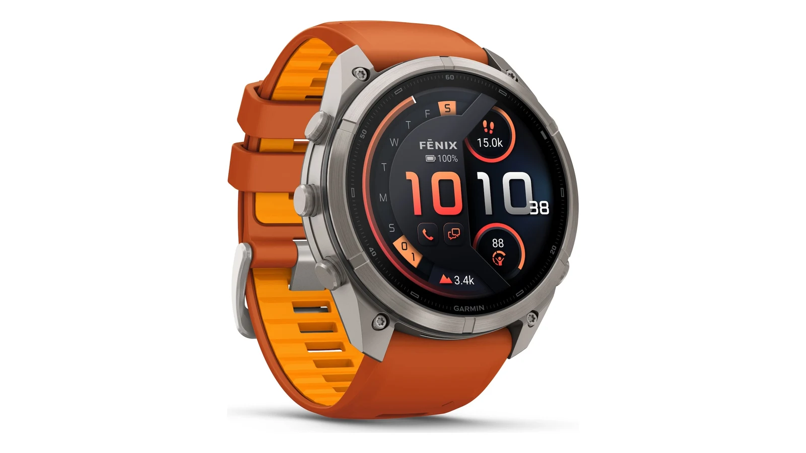 Garmin fenix 9 Pro 51mm in titanium with an orange silicone band, showing a data-dense watch face