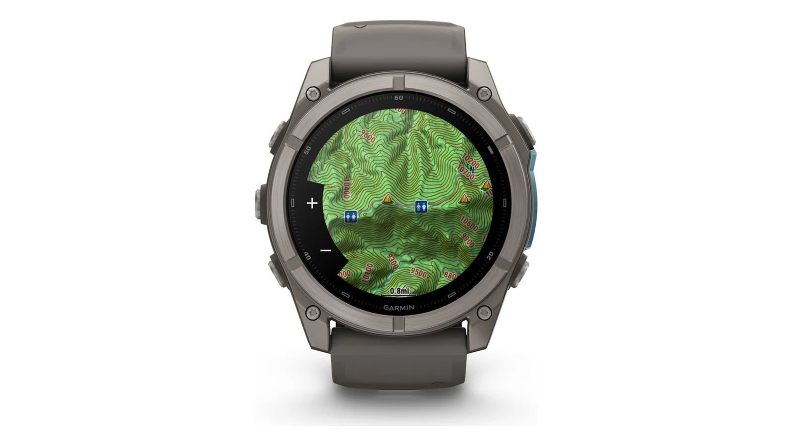 Garmin fenix 9 displaying a topographic map with contour lines, elevation labels, campsite icons, and a 0.8 mile scale bar