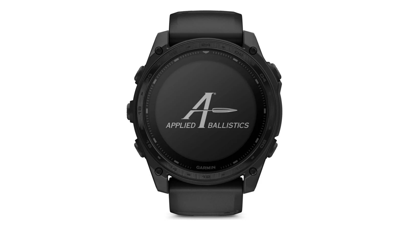 Garmin tactix 8 in all black displaying the Applied Ballistics logo on its watch face