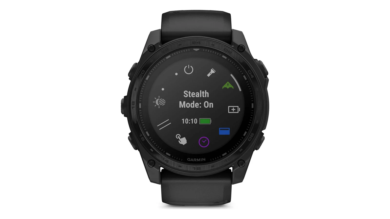 Garmin tactix 8 controls menu showing Stealth Mode set to On alongside flashlight and brightness shortcuts
