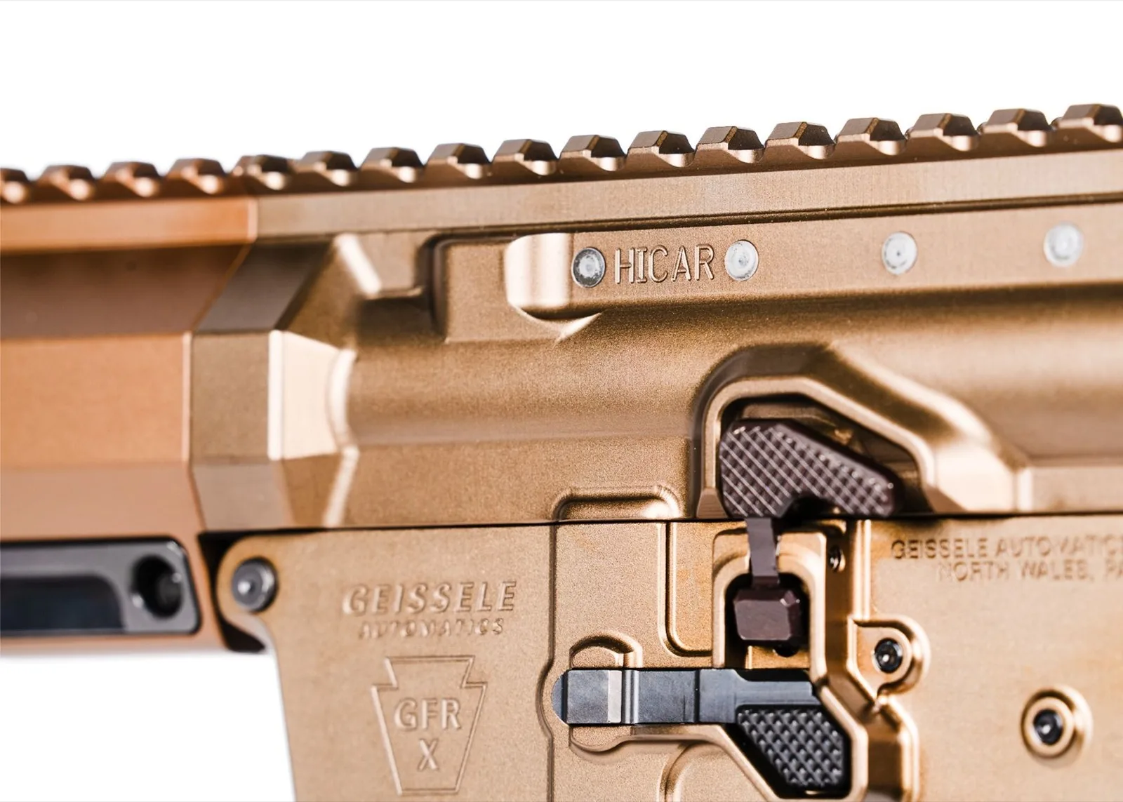 Studio close-up of the production Geissele HICAR showing the faceted solid rear section of the 10.5-inch MK24 rail meeting the GFR billet upper receiver with a continuous Picatinny top rail