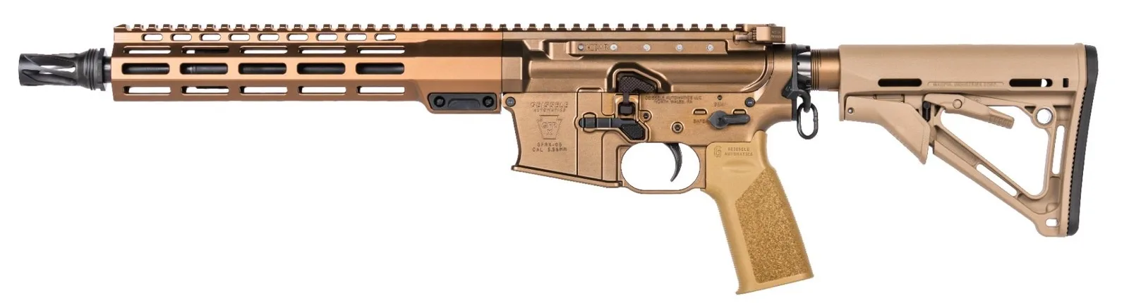 Left side profile of the production Geissele HICAR in Desert Dirt Color with a 10.5-inch MK24 rail, Magpul CTR stock, Geissele A17 grip, and HUXWRX QD flash hider