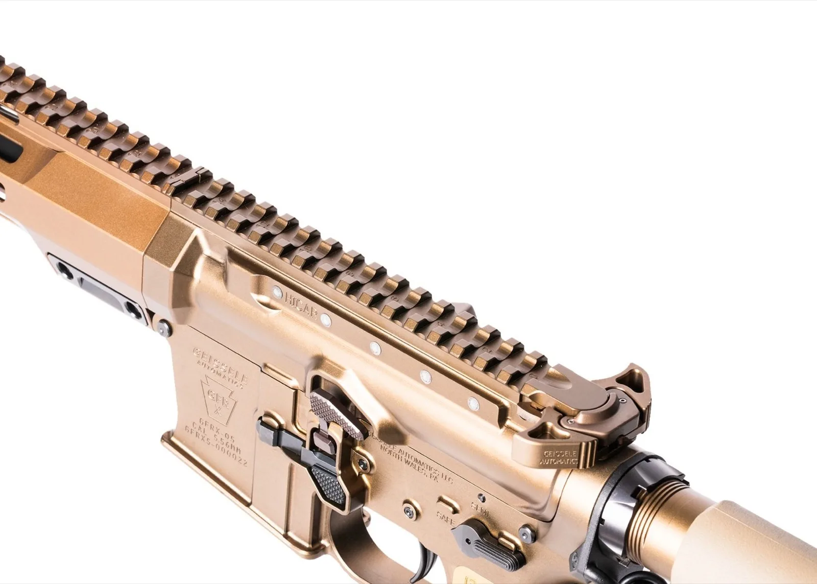 Close-up of the Geissele HICAR billet receiver set showing the GFR X keystone logo, GFRX-05 CAL 5.56MM marking, serial number, the HICAR engraving beside the riveted cam race, and the fenced bolt catch