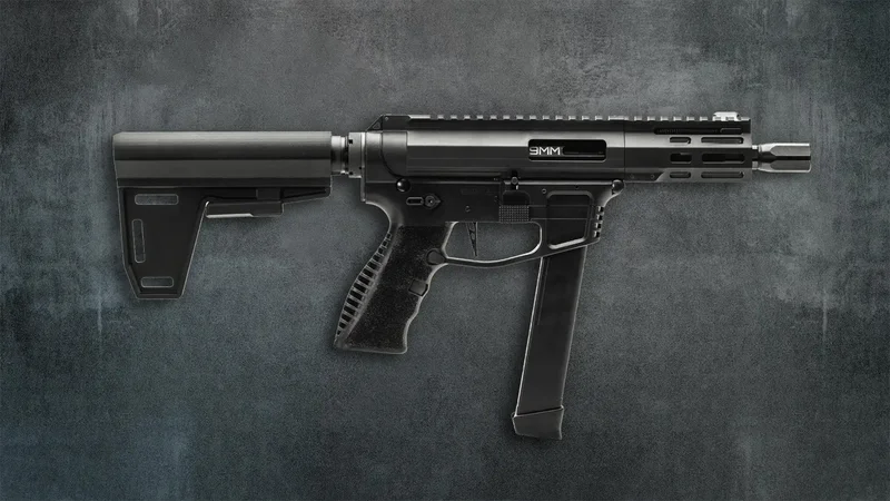 GForce Arms Jawbone hybrid pistol showing the ambidextrous controls, full-length Picatinny rail, and Ace of Brace paddle brace