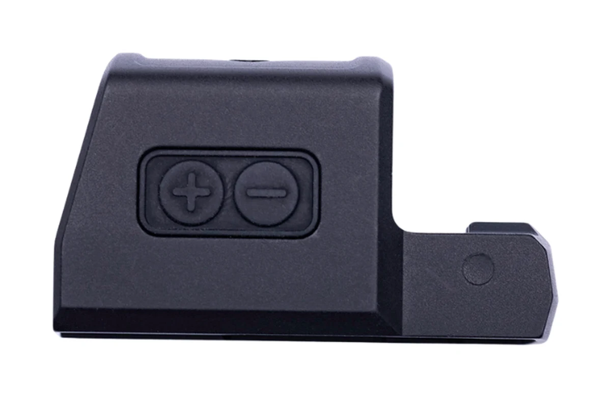 Side profile of the Gideon Pebble E showing the plus and minus brightness buttons on the housing and the dovetail mount foot