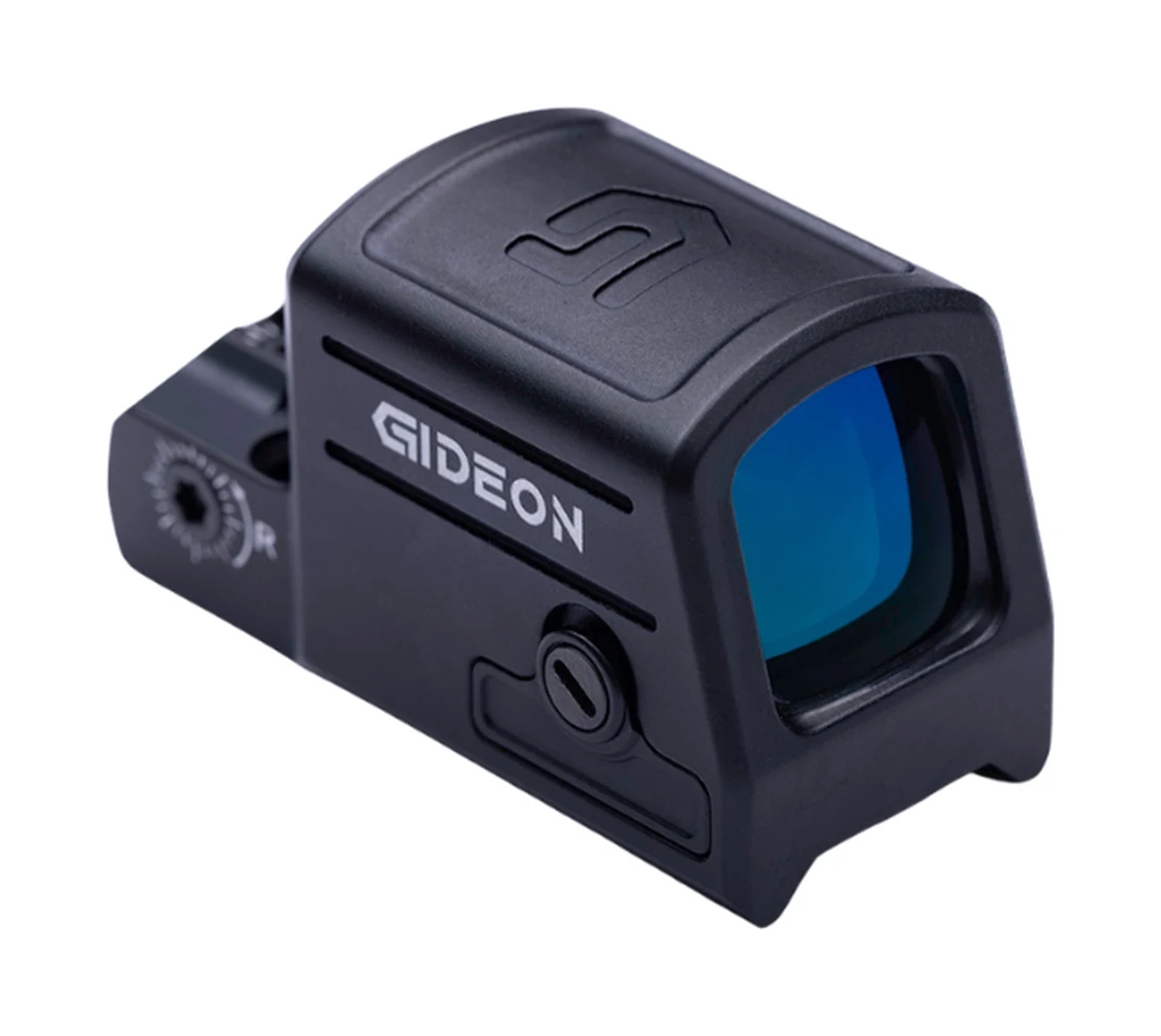 Gideon Optics Pebble E enclosed micro red dot shown alone at a front three quarter angle, showing the sealed housing, blue coated lens, and dovetail mount