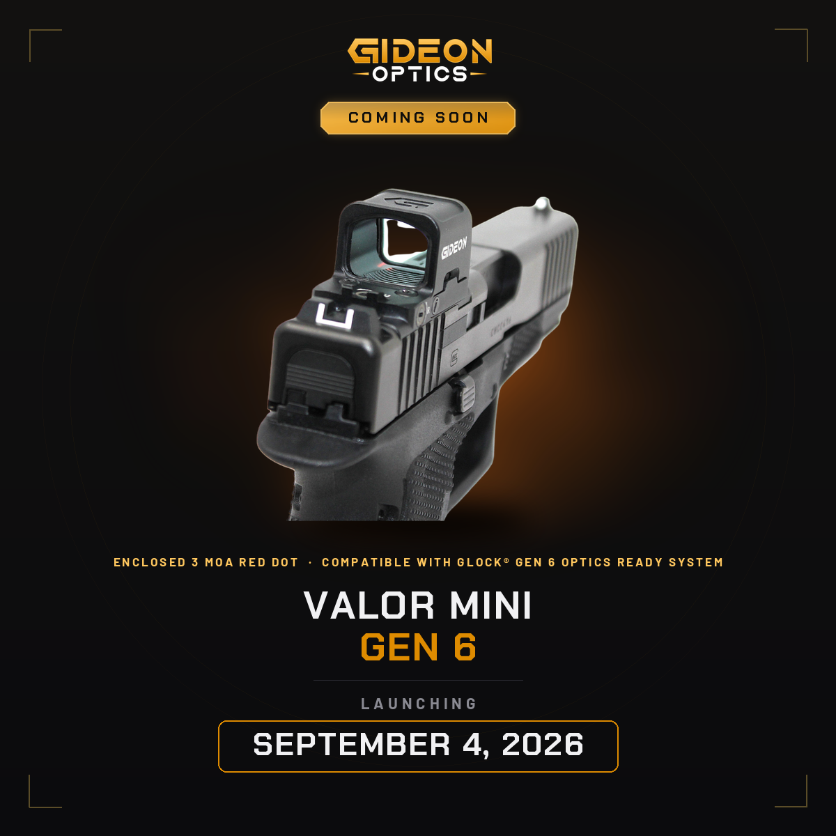 Rear three-quarter view of the Gideon Valor Mini Gen 6 enclosed red dot mounted low on a Glock Gen 6 pistol