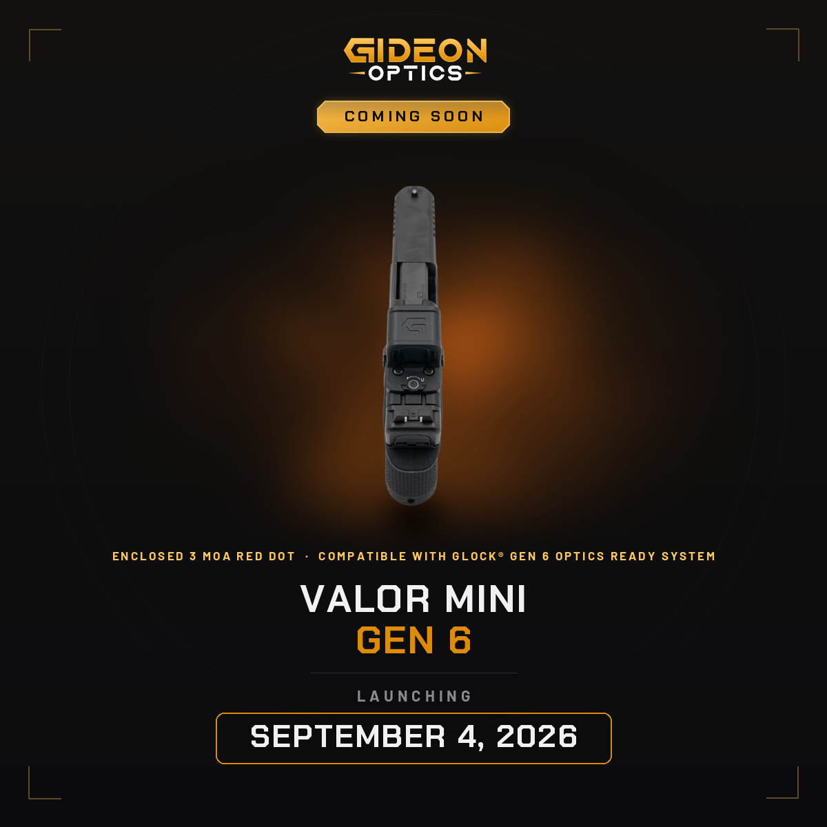Top view of the Gideon Valor Mini Gen 6 mounted on a Glock Gen 6 pistol showing the optic aligned with the double-stack slide