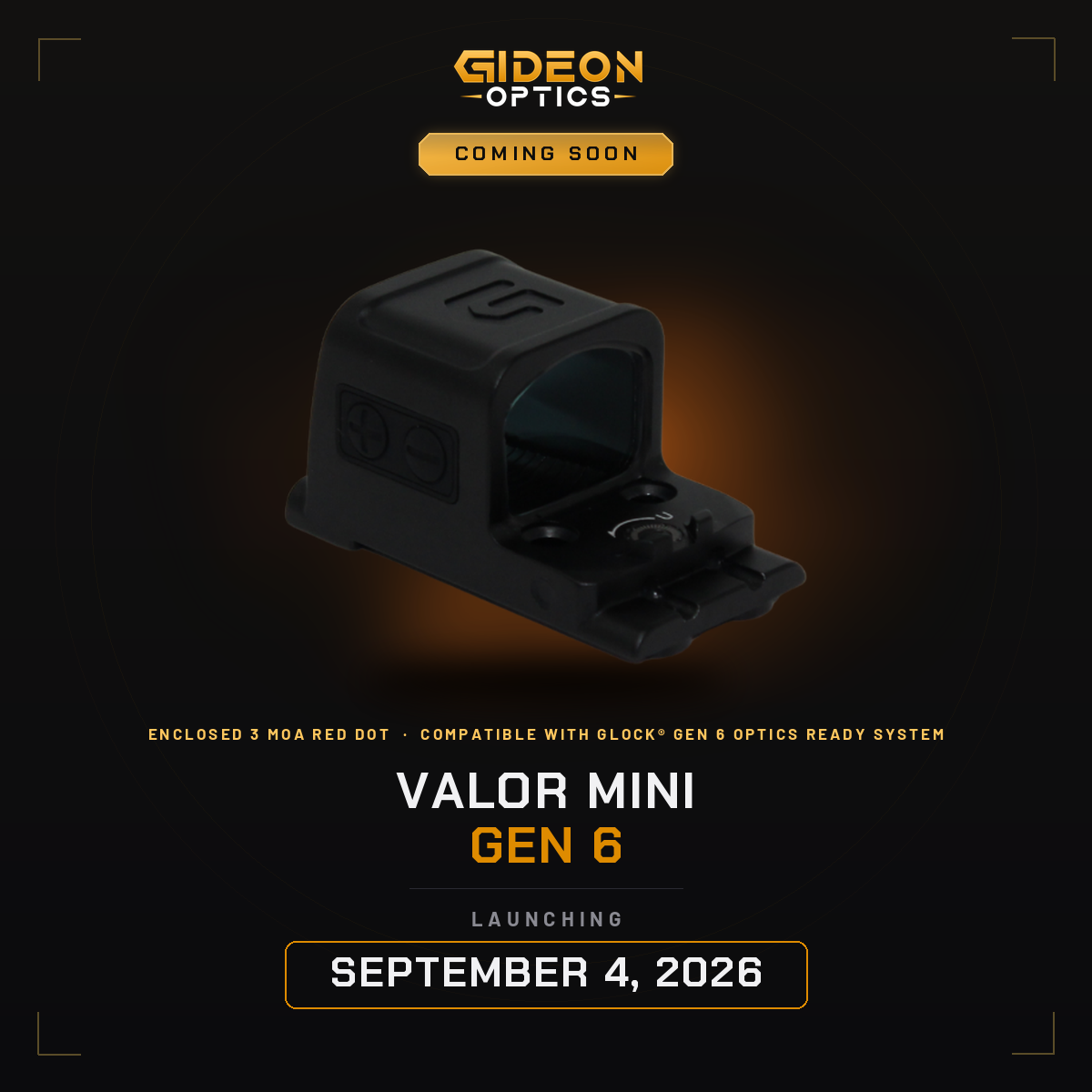 Gideon Optics Valor Mini Gen 6 enclosed red dot shown from the rear with its brightness buttons, elevation dial, and direct-mount base visible