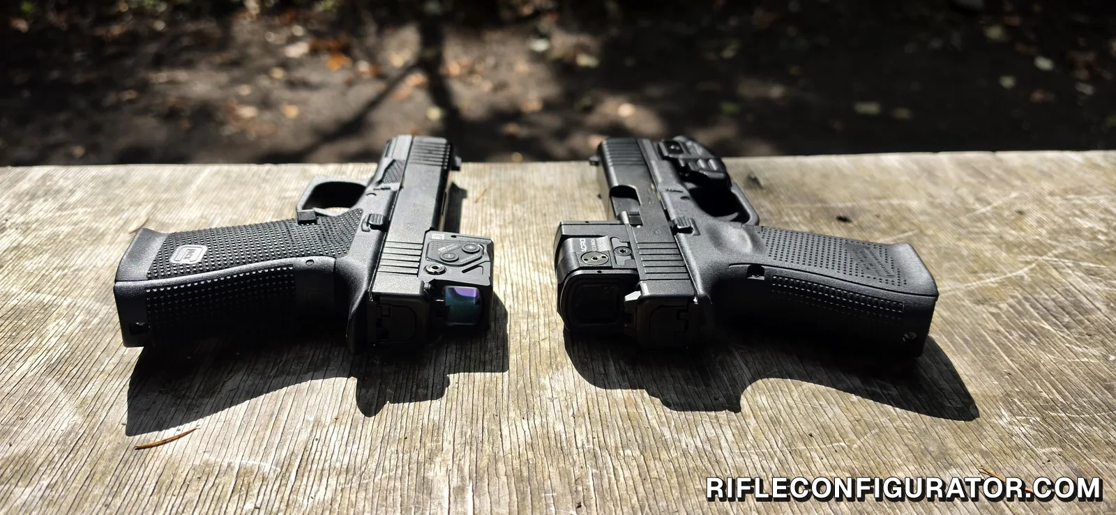 A Glock 19 Gen6 on the left and a Glock 19 Gen5 on the right, photographed from behind on a wooden bench, both wearing enclosed-emitter red dots, with the difference in grip texture between the two frames visible
