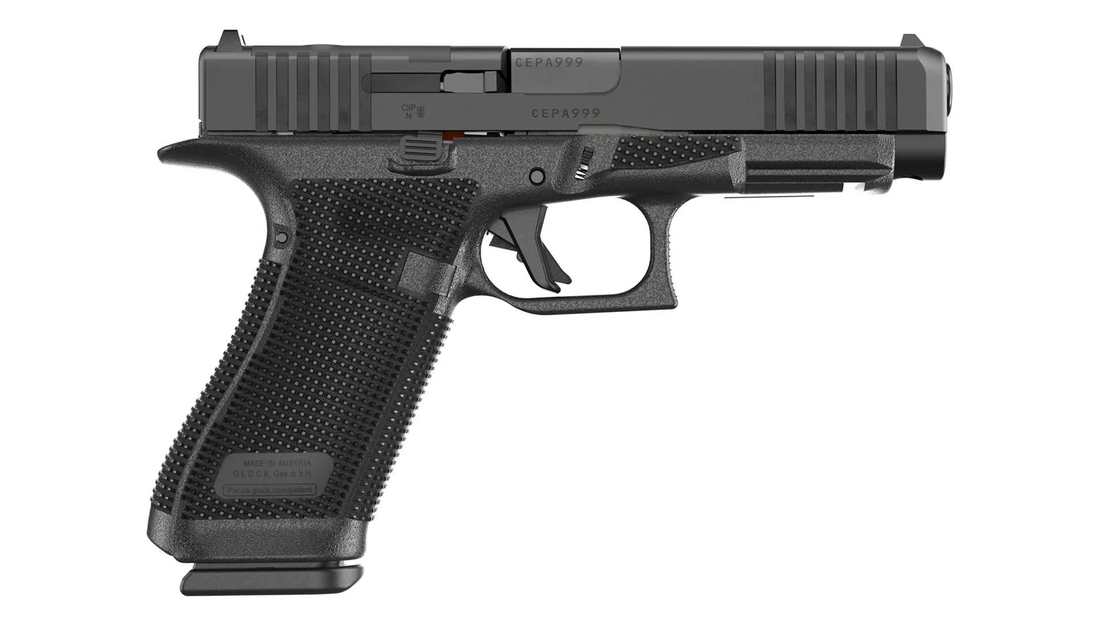 Profile view of the Glock Gen 6 showing the new RTF6 grip texture, palm swell, and enlarged beavertail