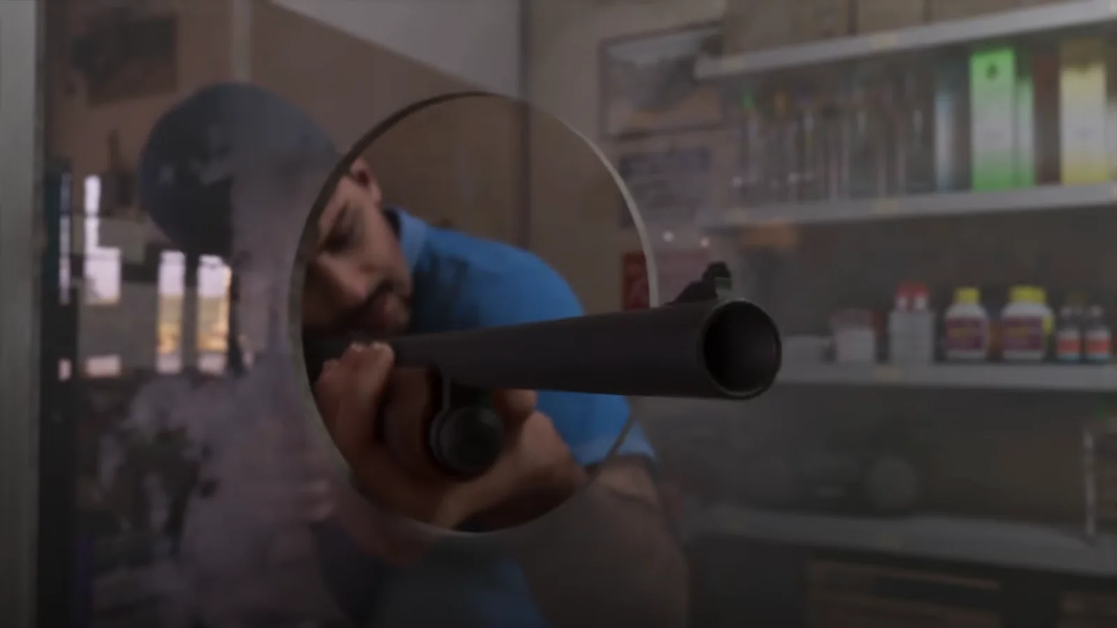 Masked GTA 6 robber pointing a side-by-side double-barrel shotgun across a store counter