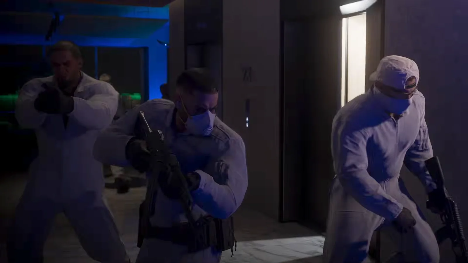 Masked GTA 6 penthouse attackers carrying two AK-pattern rifles