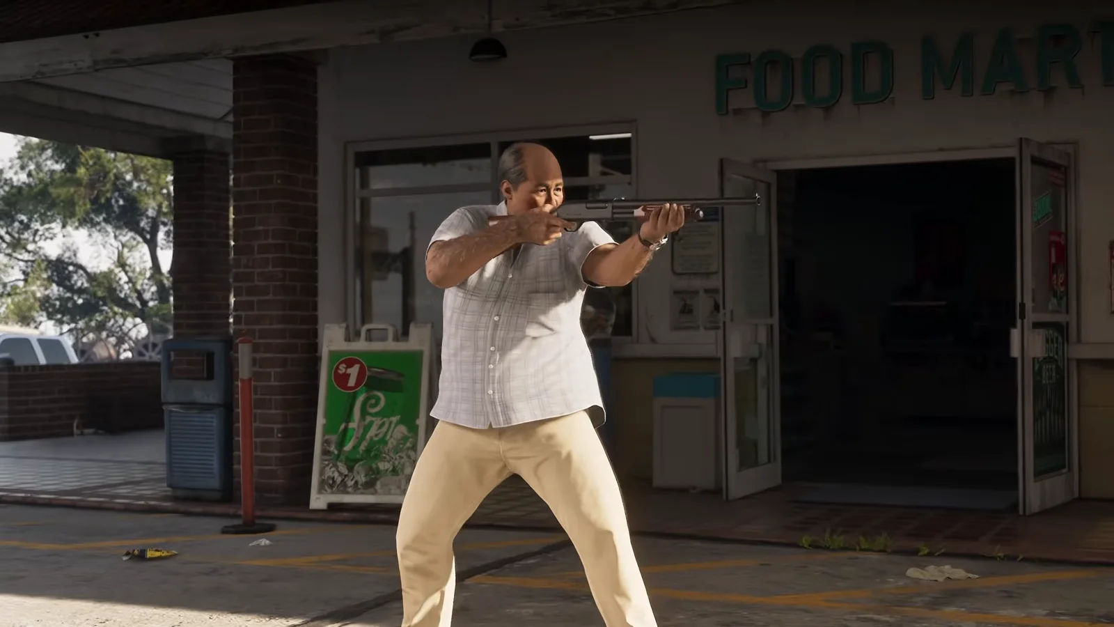 GTA 6 store owner aiming a wood-stock pump-action shotgun