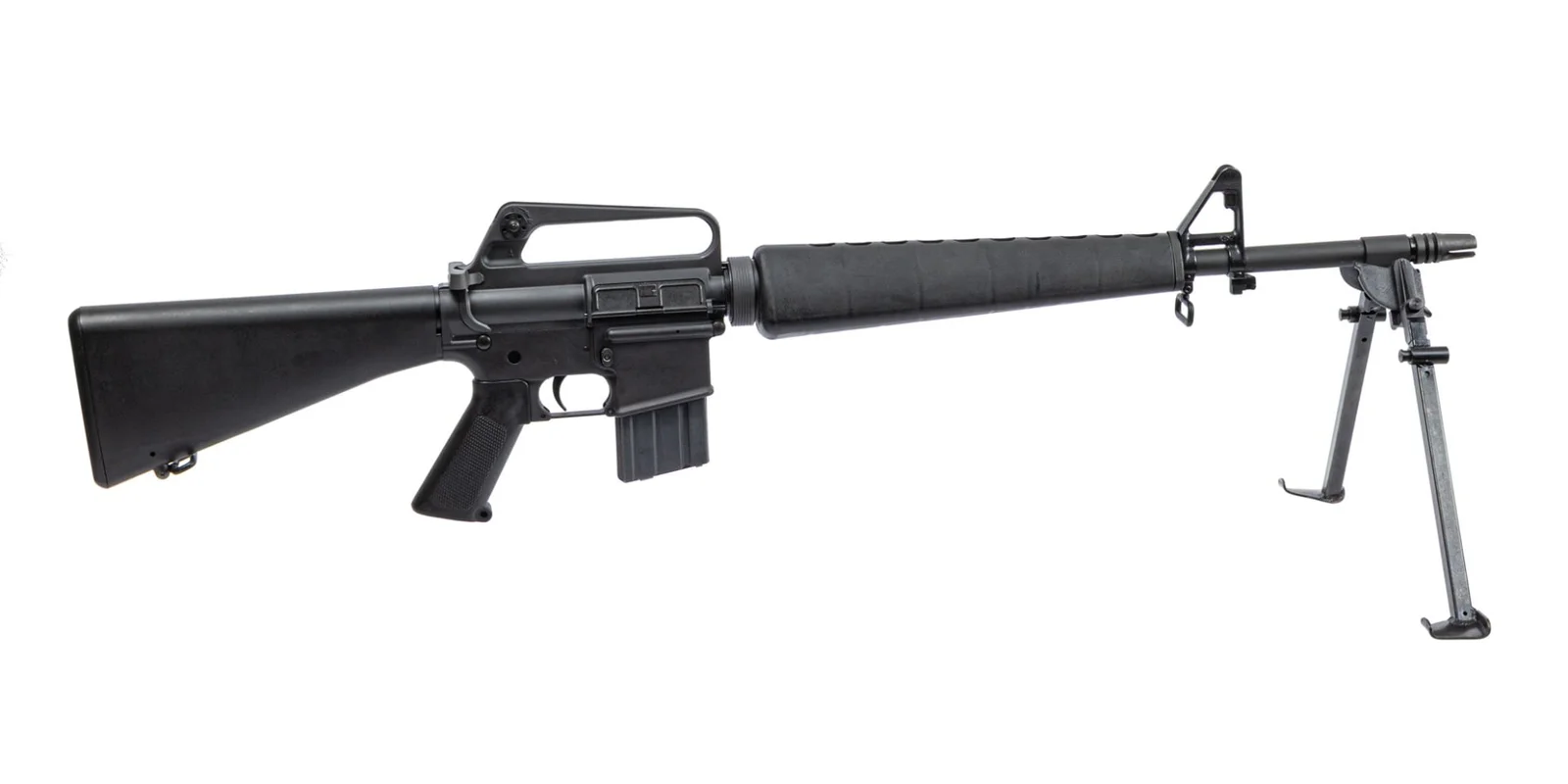 H&R Model 606 LMG profile view with M2 folding bipod, A1 triangular handguard, and 20-inch heavy barrel