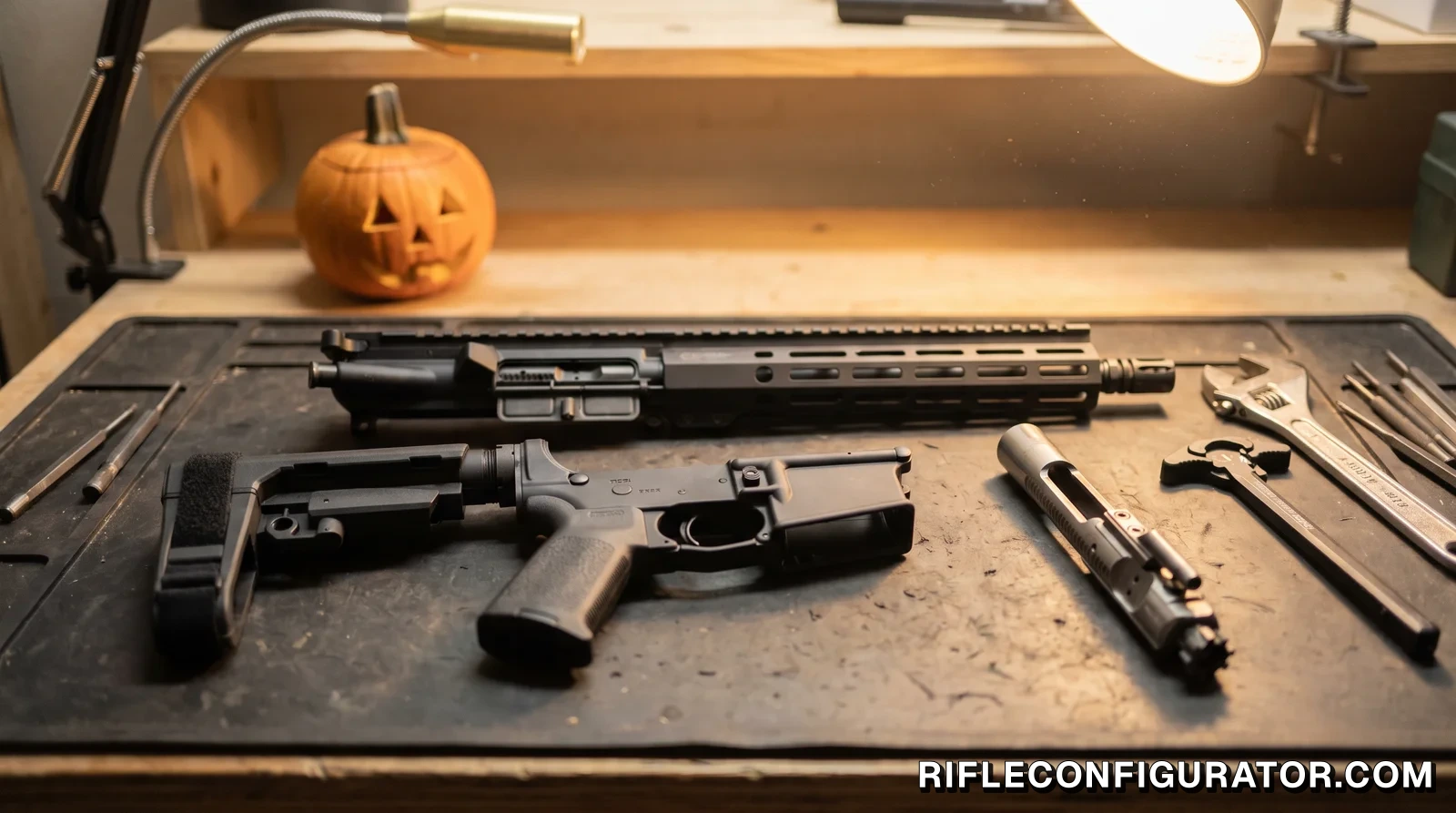 A short AR-15 pistol upper with an M-LOK rail and a braced pistol lower laid out on a bench mat beside a bolt carrier group, charging handle and armorer's tools, with a small carved pumpkin in the background