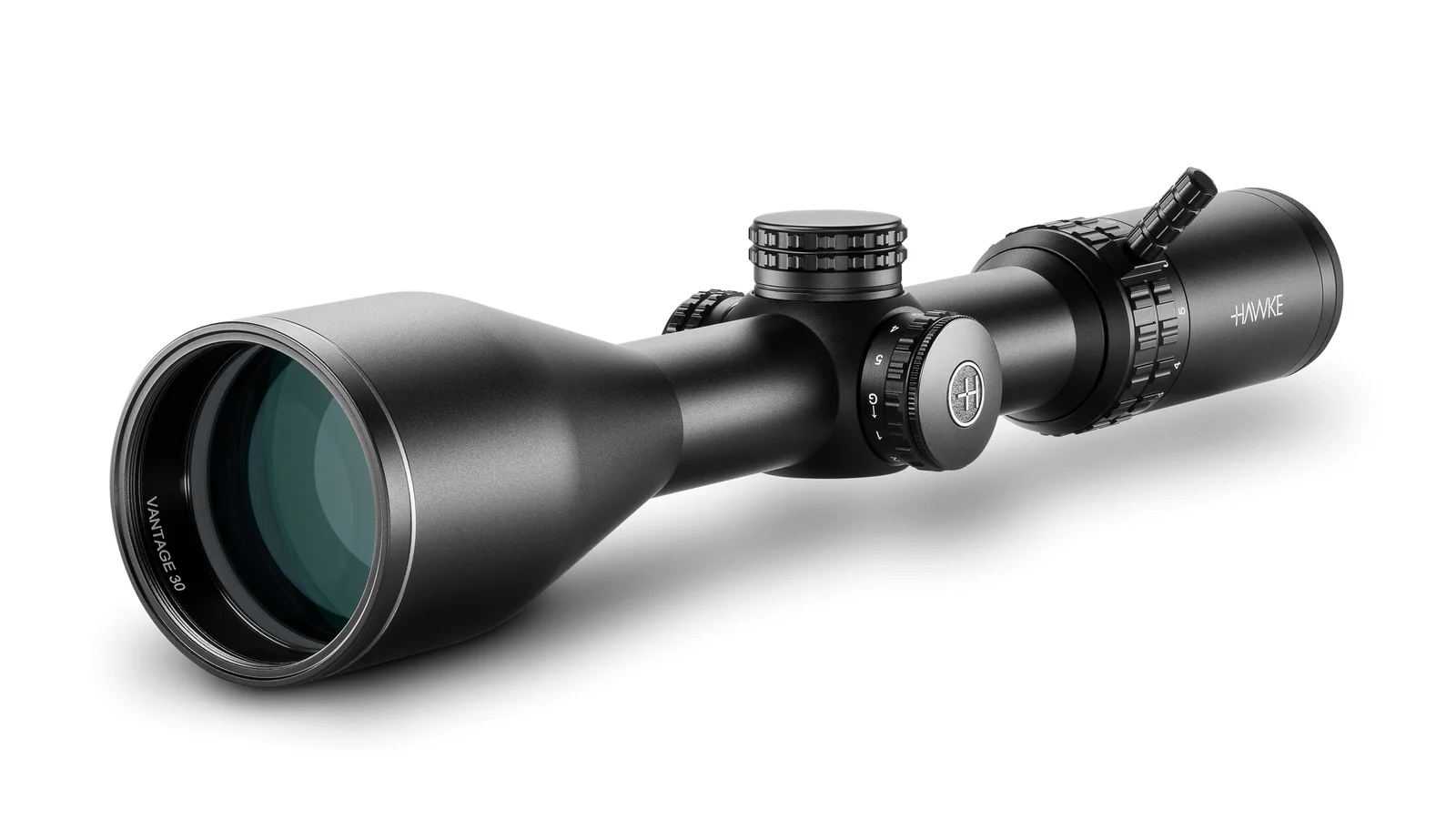 Hawke Vantage HD 30 3-12x56 hunting riflescope, three-quarter angle on white