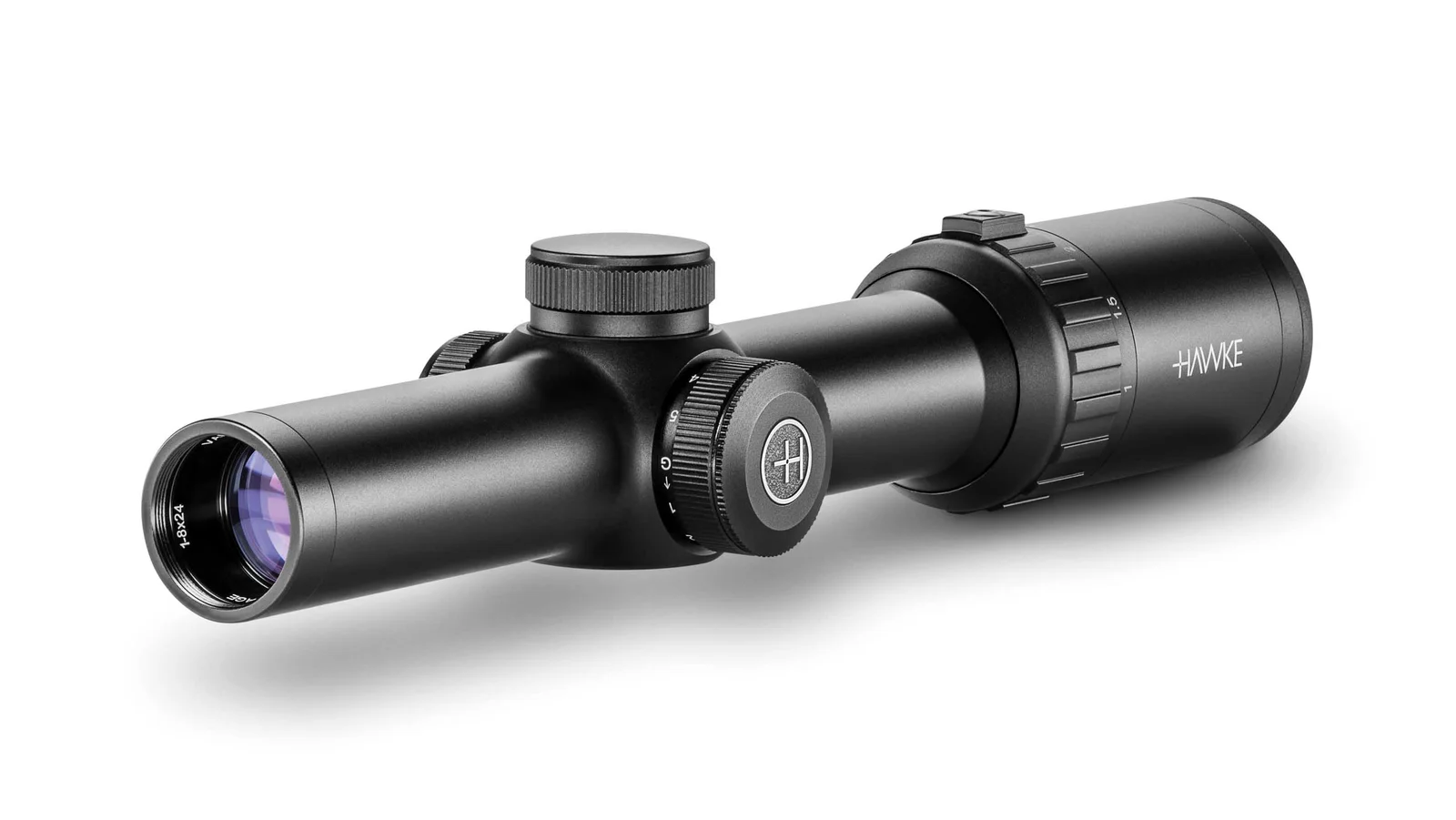Hawke Vantage HD 30 1-8x24 LPVO on a white studio background, three-quarter angle