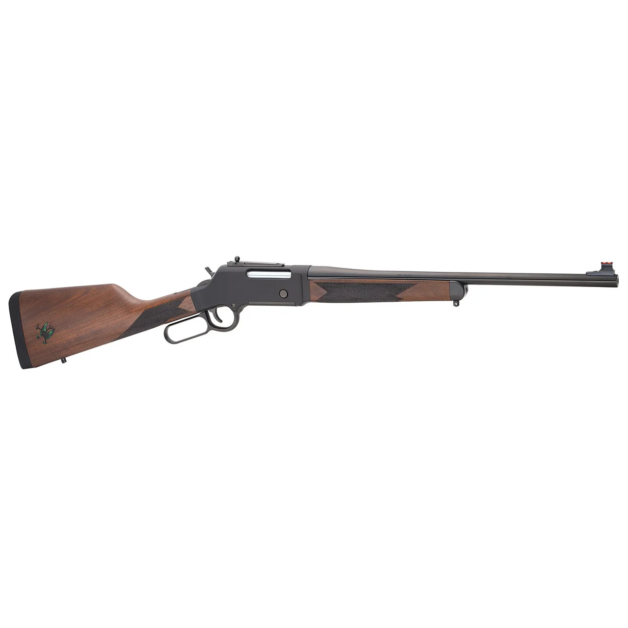 Henry H14 Long Ranger Big Woods Carbine side profile showing the 18.5-inch barrel, aluminum receiver, and American walnut stock with Skinner peep sight