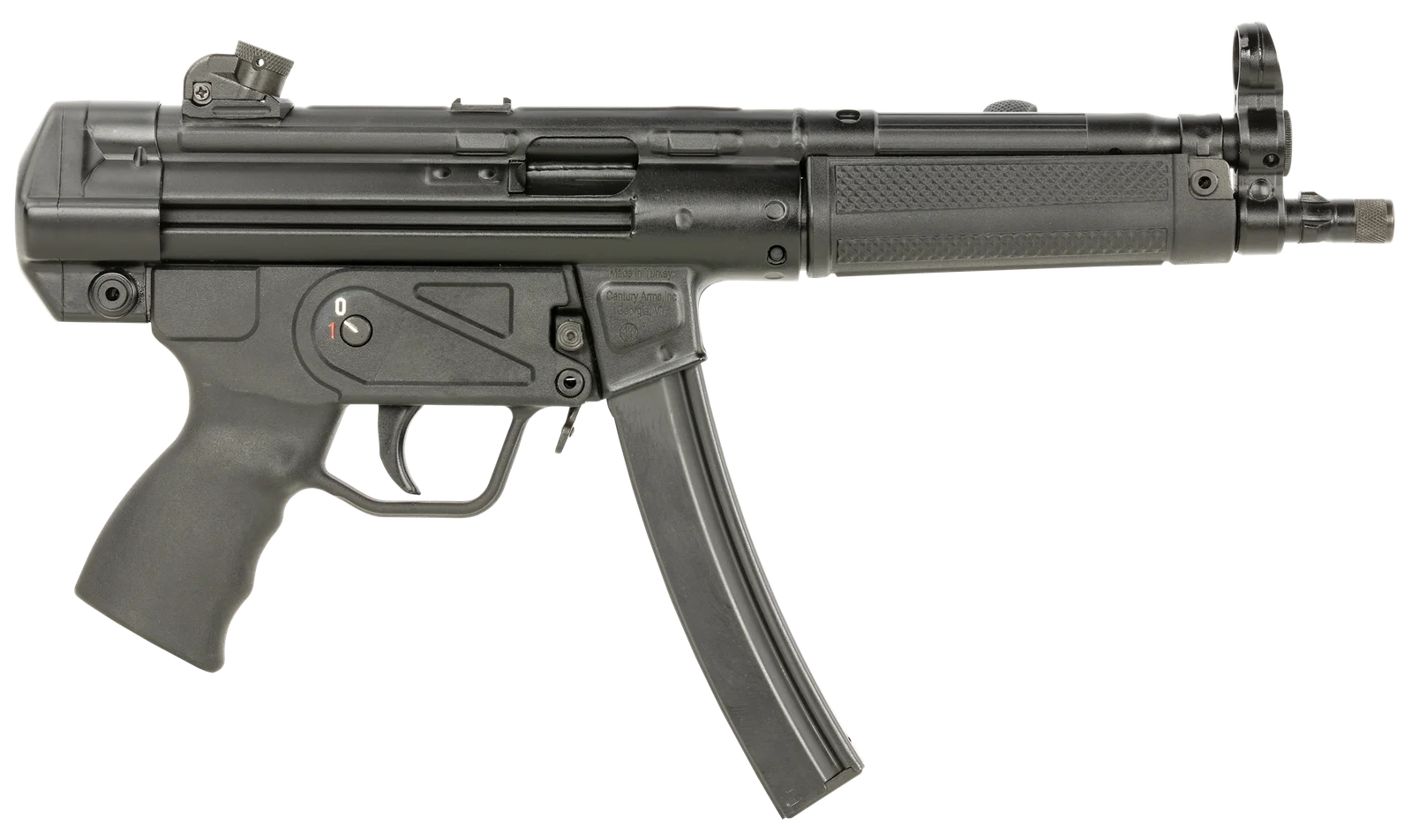 Century Arms AP5 9mm pistol left side profile showing the MP5-pattern receiver, paddle magazine release, and threaded barrel