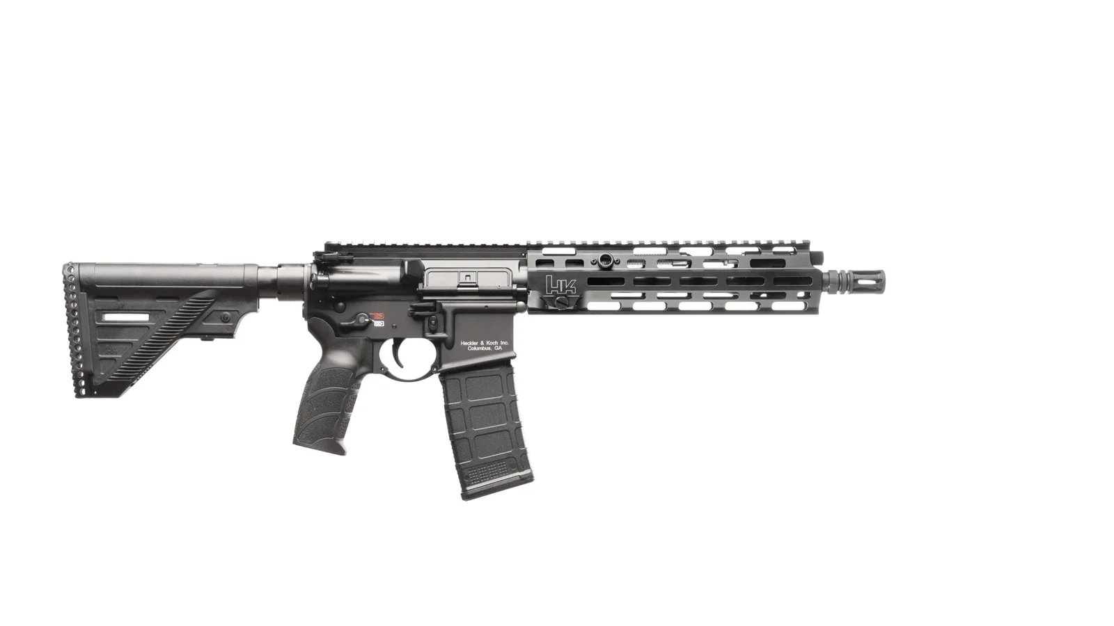 HK MR556 A4 short-barreled rifle with M-LOK handguard, collapsible stock, and 30-round PMAG
