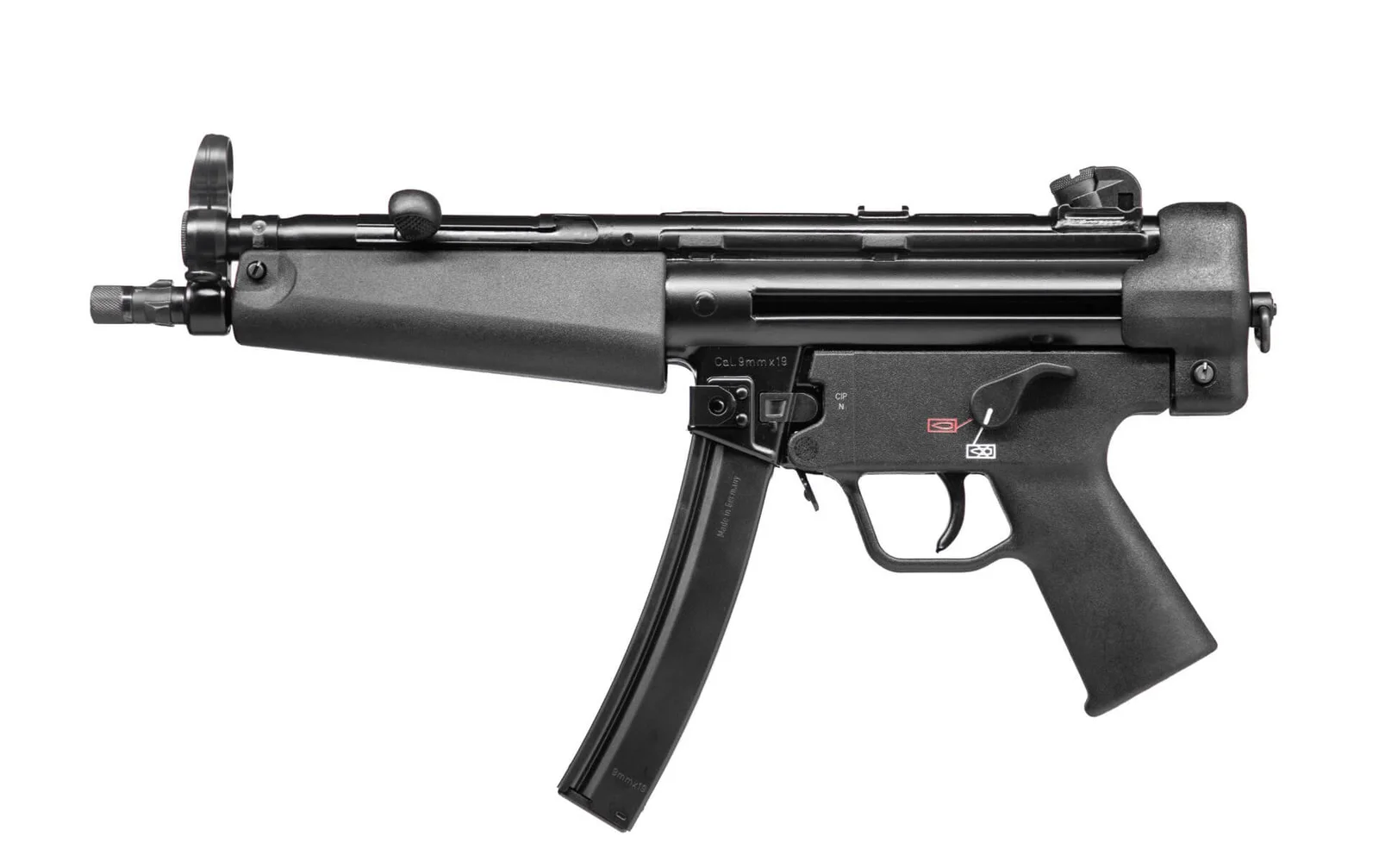 HK SP5 9mm pistol right side profile showing the threaded Navy barrel, slim handguard, and drum diopter rear sight