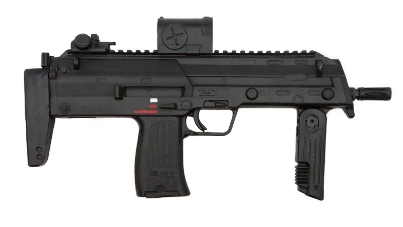 Heckler & Koch MP7A1 personal defense weapon in 4.6x30mm, left side profile showing the compact gas-operated platform the civilian SP7 is derived from
