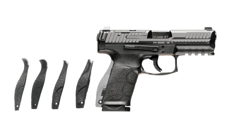 Heckler and Koch VP9 with interchangeable backstraps and side grip panels displayed alongside the pistol