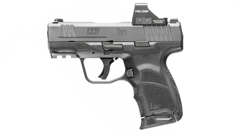 The Heckler and Koch CC9 micro-compact pistol with Holosun red dot optic, showing the US-made alternative to the VP9cc