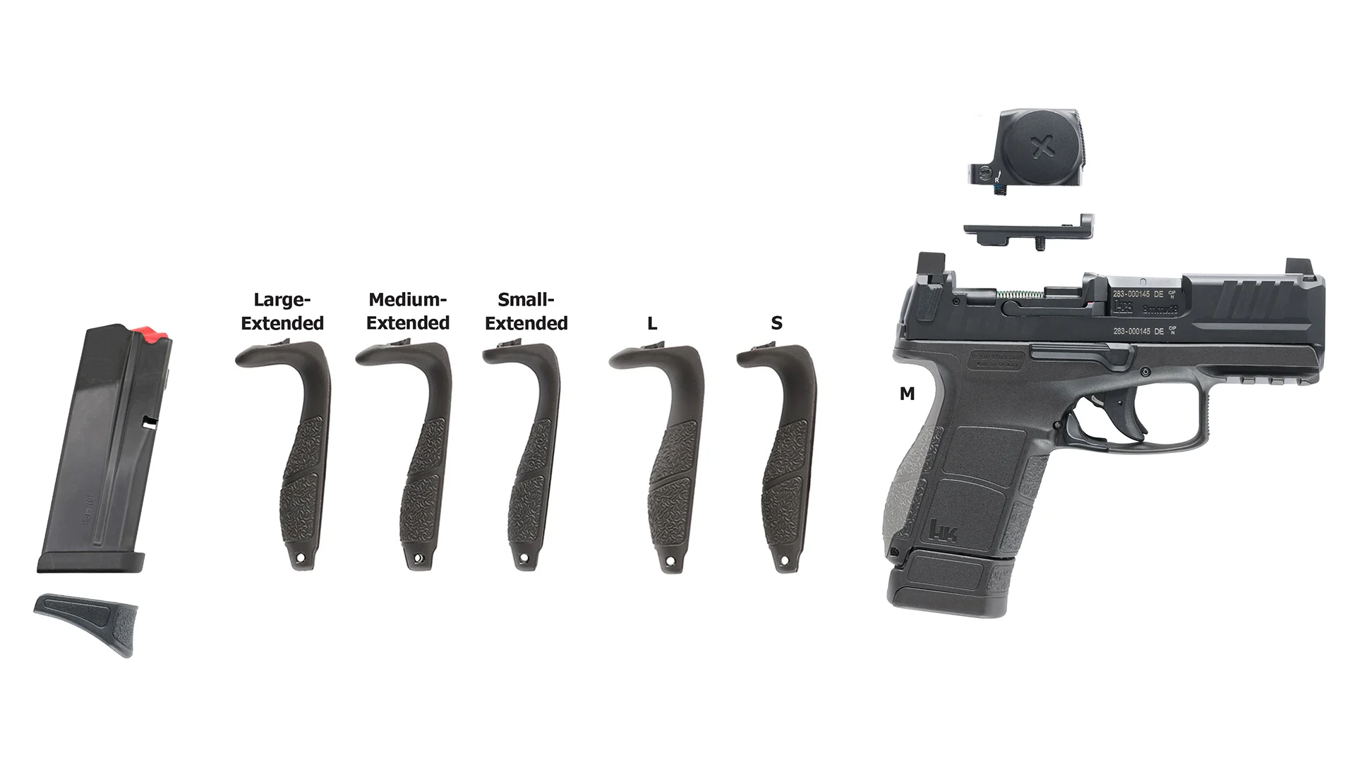 HK VP9CC package contents showing pistol with six interchangeable backstraps in small, medium, and large with standard and extended beavertail options, plus Vortex optic and magazine