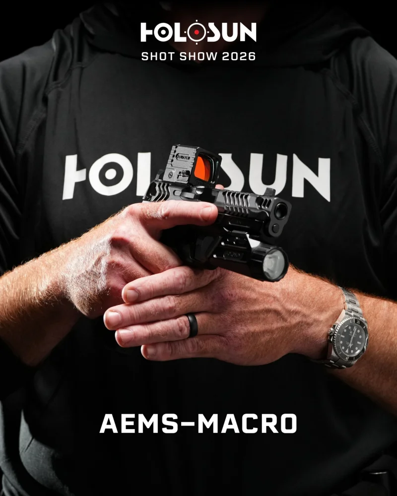 Holosun AEMS-MACRO mounted on pistol showing large 0.9×0.9 inch window