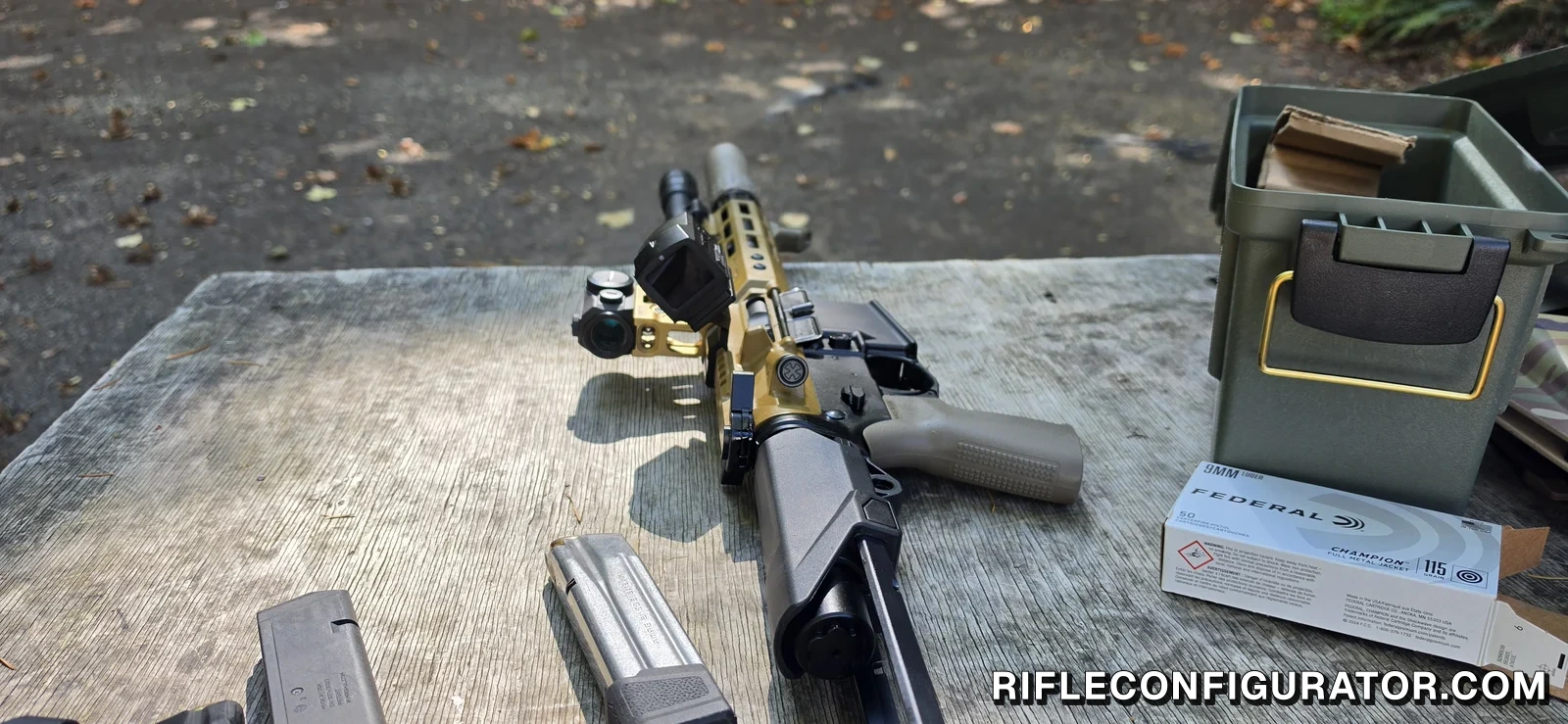 Noveske Ghetto Blaster SBR on a wooden bench with a Holosun red dot on a gold Unity FAST mount, the InfiTac FMP13 on a 45-degree offset mount, a suppressor, and a weapon light