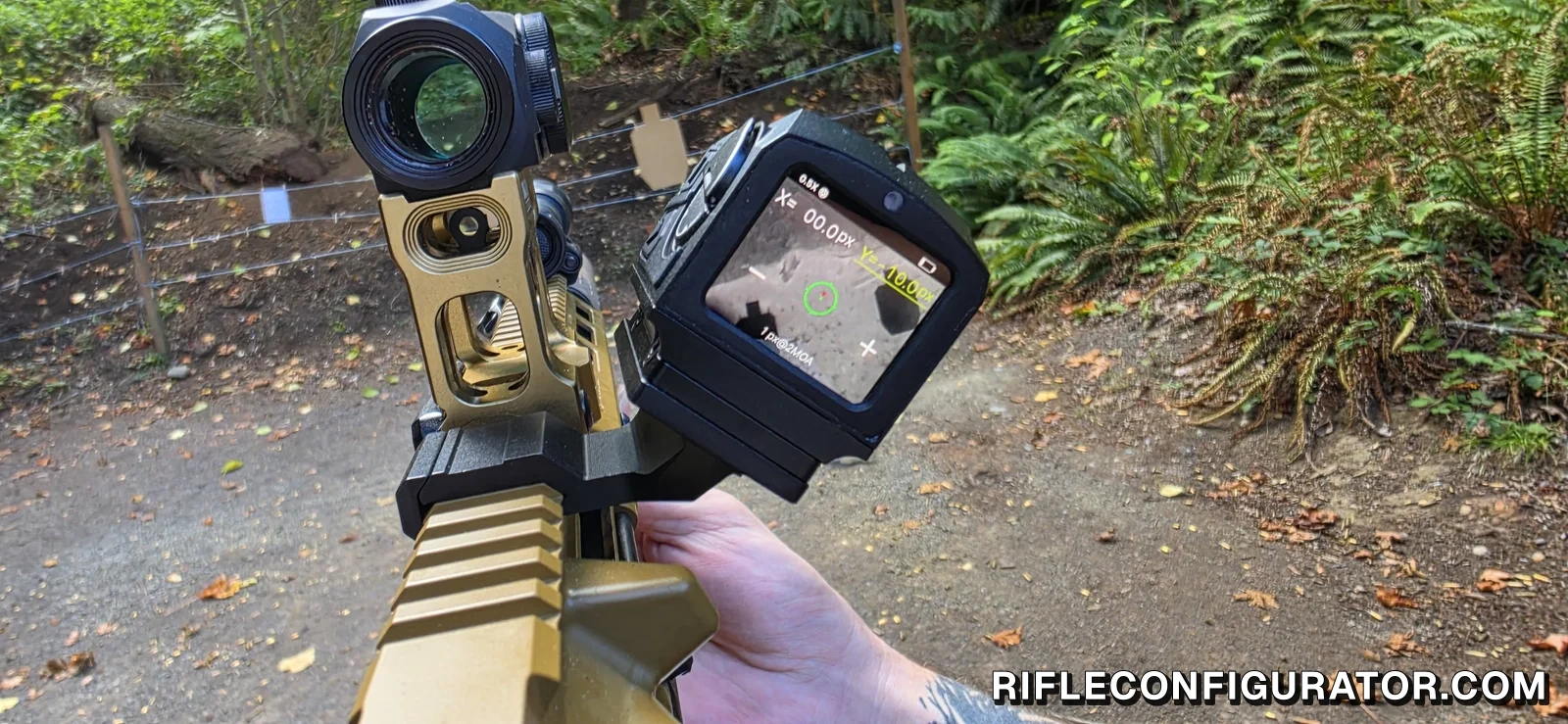 View from behind a Holosun red dot on a gold Unity FAST mount with the InfiTac FMP13 screen visible to the right showing a thermal image of a steel target