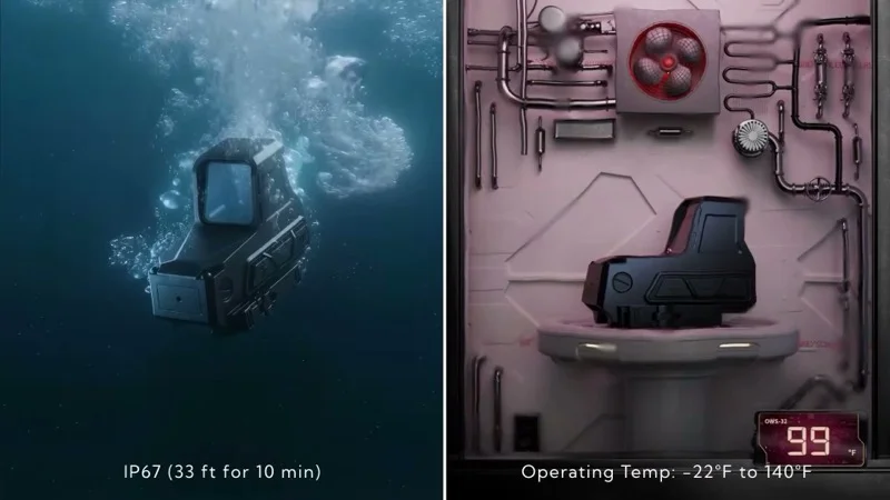 INFITAC OWS-32 durability testing showing IP67 submersion to 33 ft for 10 minutes and -22 F to 140 F operating temperature range