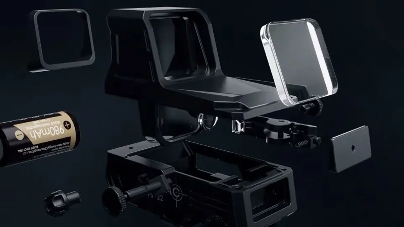 INFITAC OWS-32 exploded view showing the optical waveguide eyepiece, AL7075-T6 aluminum housing, CR123A battery tray, mount base, and front glass cover