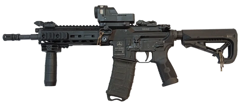 Left-side profile view of an IWI ARAD rifle equipped with a Meprolight red dot sight and vertical foregrip