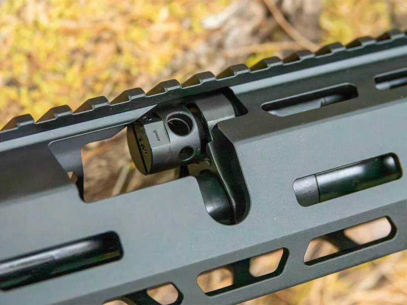 Close-up of the IWI ARAD 5 gas block and 2-position piston gas regulator