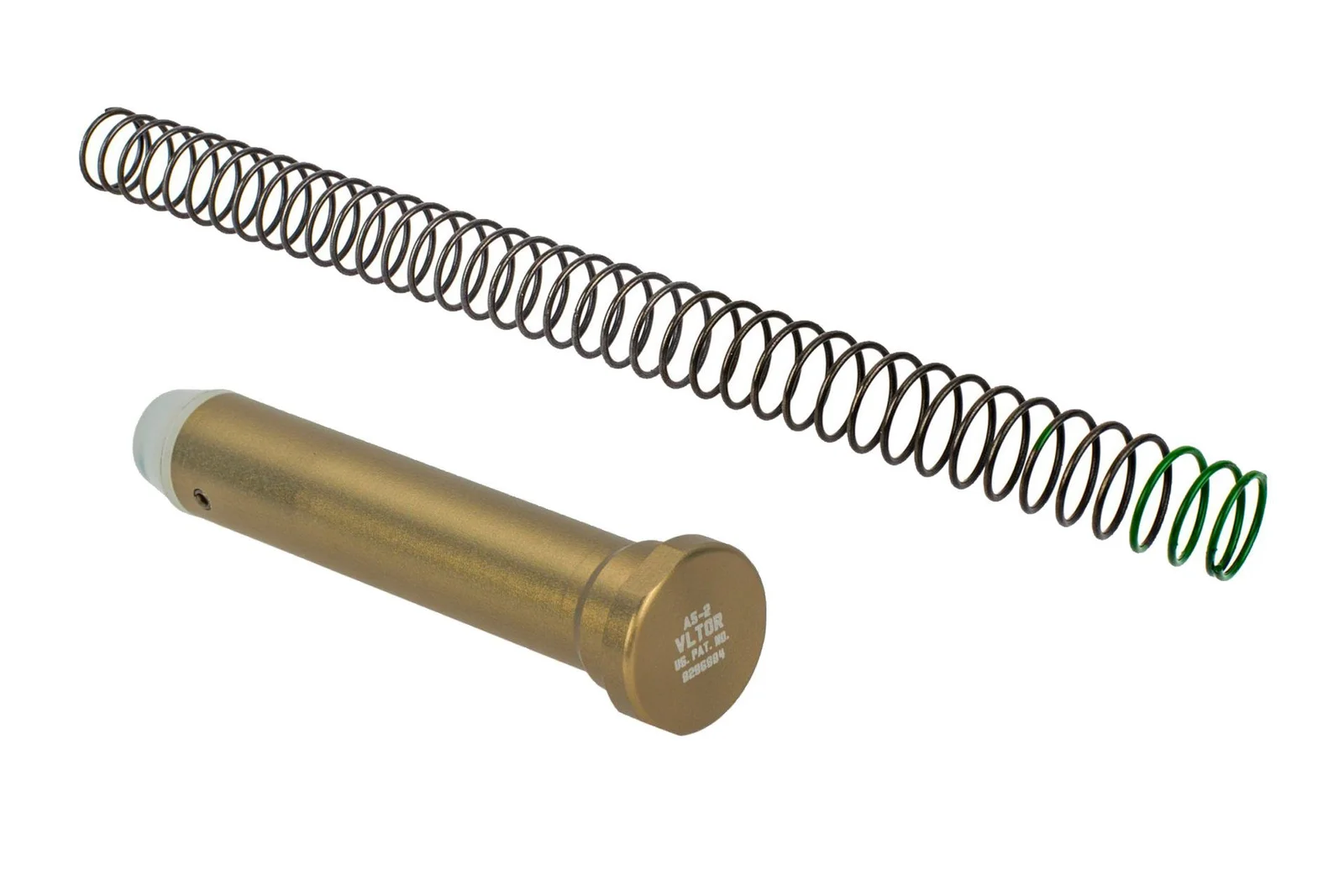 An AR-15 buffer and recoil spring on a white background