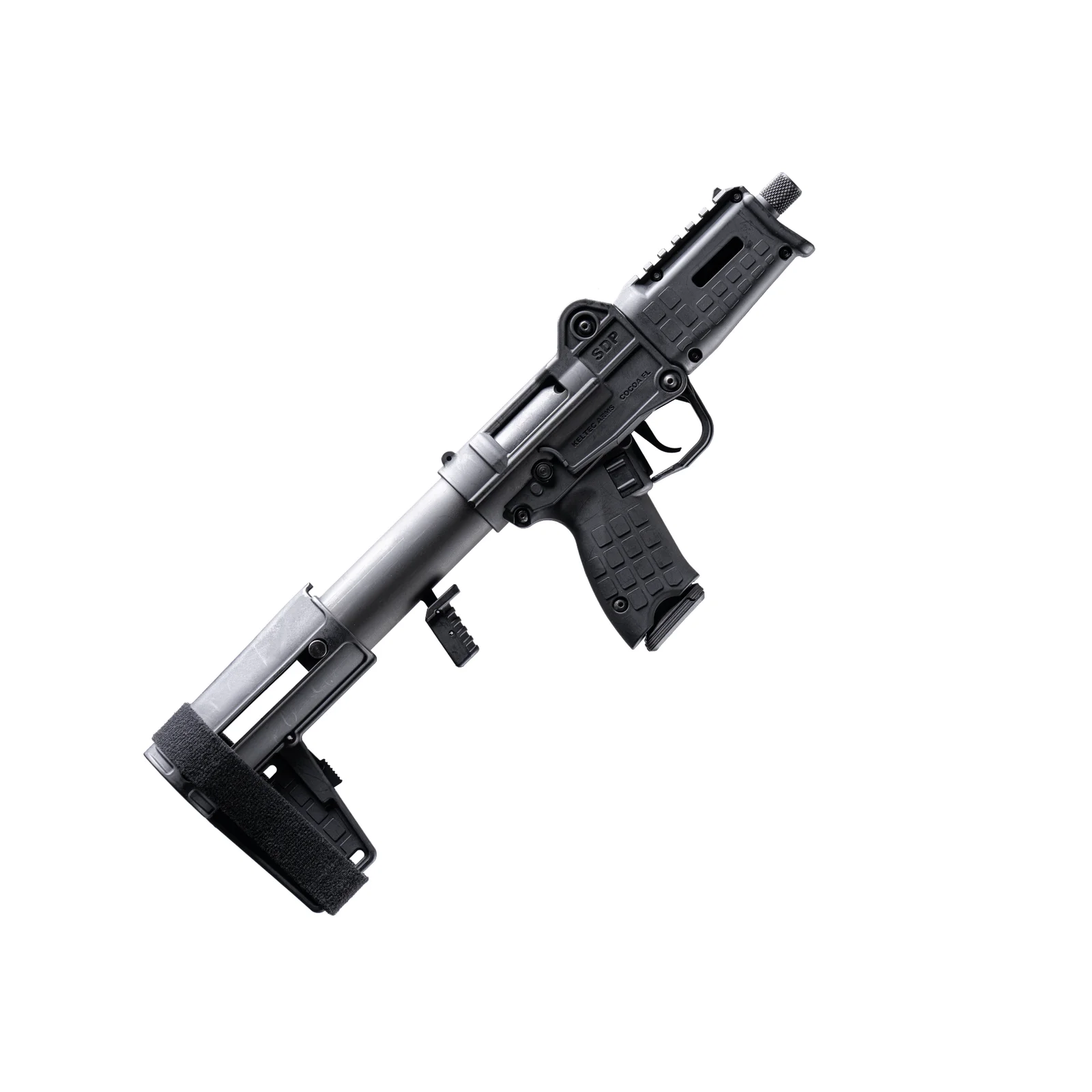 Angled view of the KelTec SUB-SDP Standard showing the M-LOK handguard, top Picatinny rail, threaded muzzle and the charging handle beneath the receiver extension