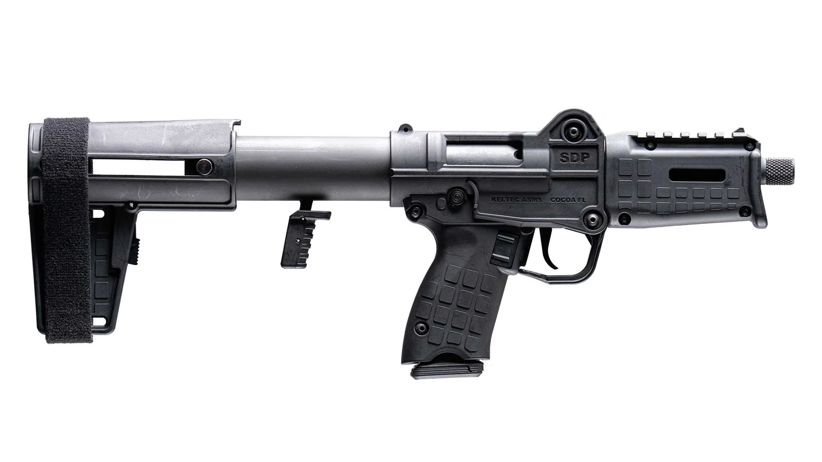 Left side profile of the KelTec SUB-SDP with the stabilizing brace extended on the receiver extension