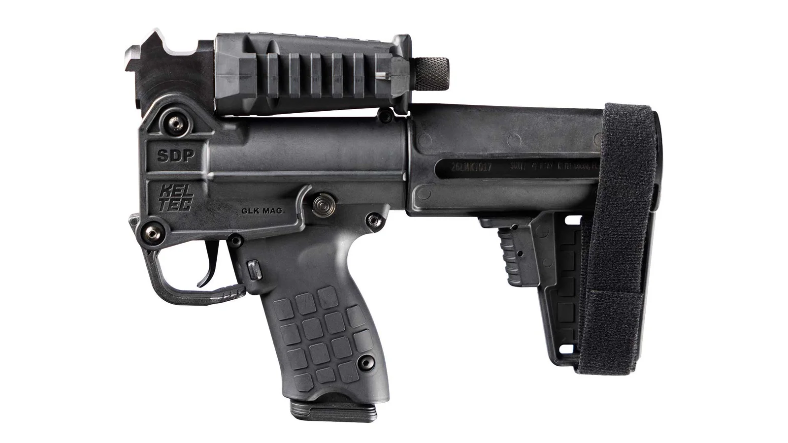KelTec SUB-SDP folded, with the barrel and handguard rotated up and back over the receiver and the six-slot Picatinny rail facing forward