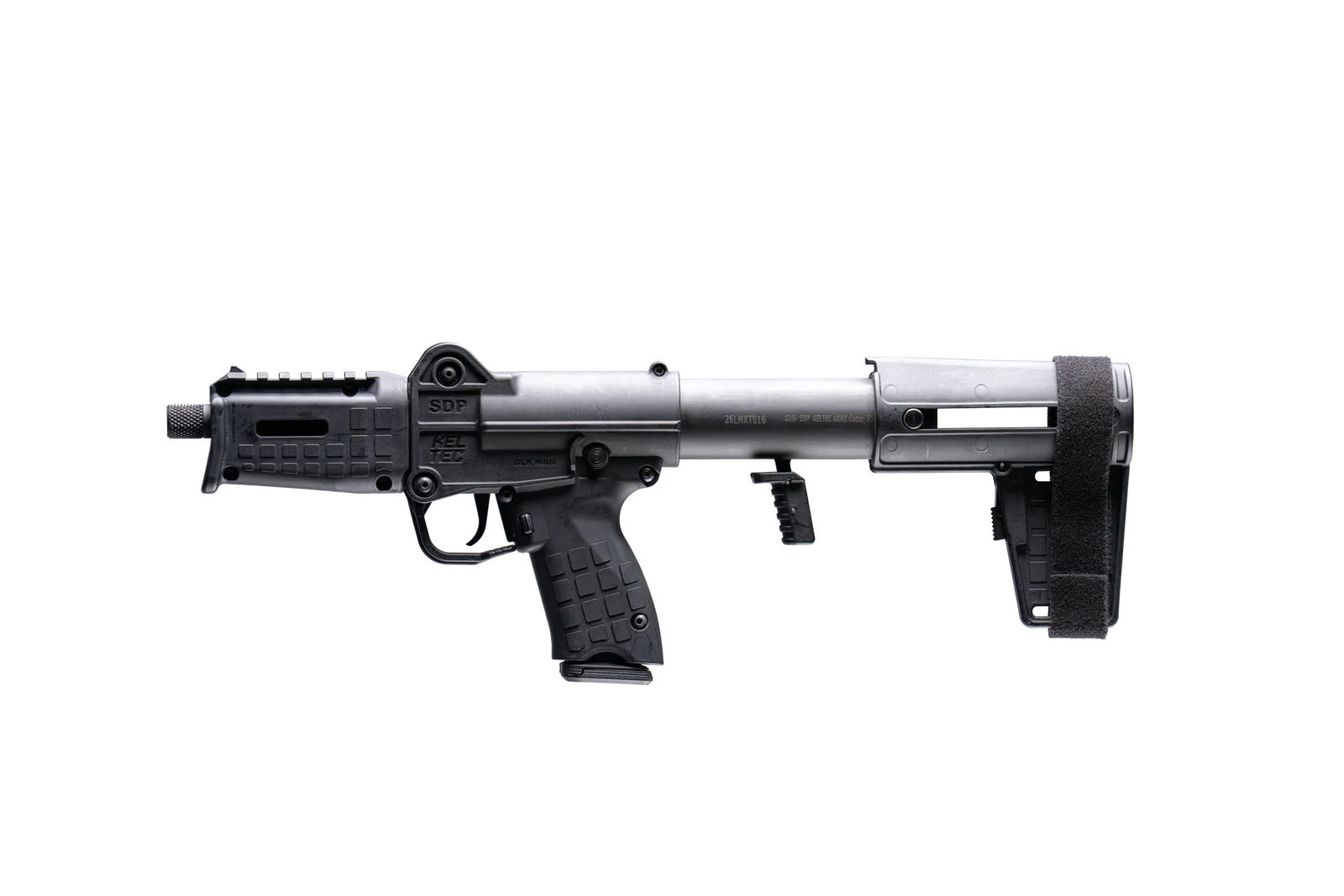 KelTec SUB-SDP Standard right side profile showing the 6-inch threaded barrel, M-LOK handguard, top Picatinny rail and collapsed stabilizing brace